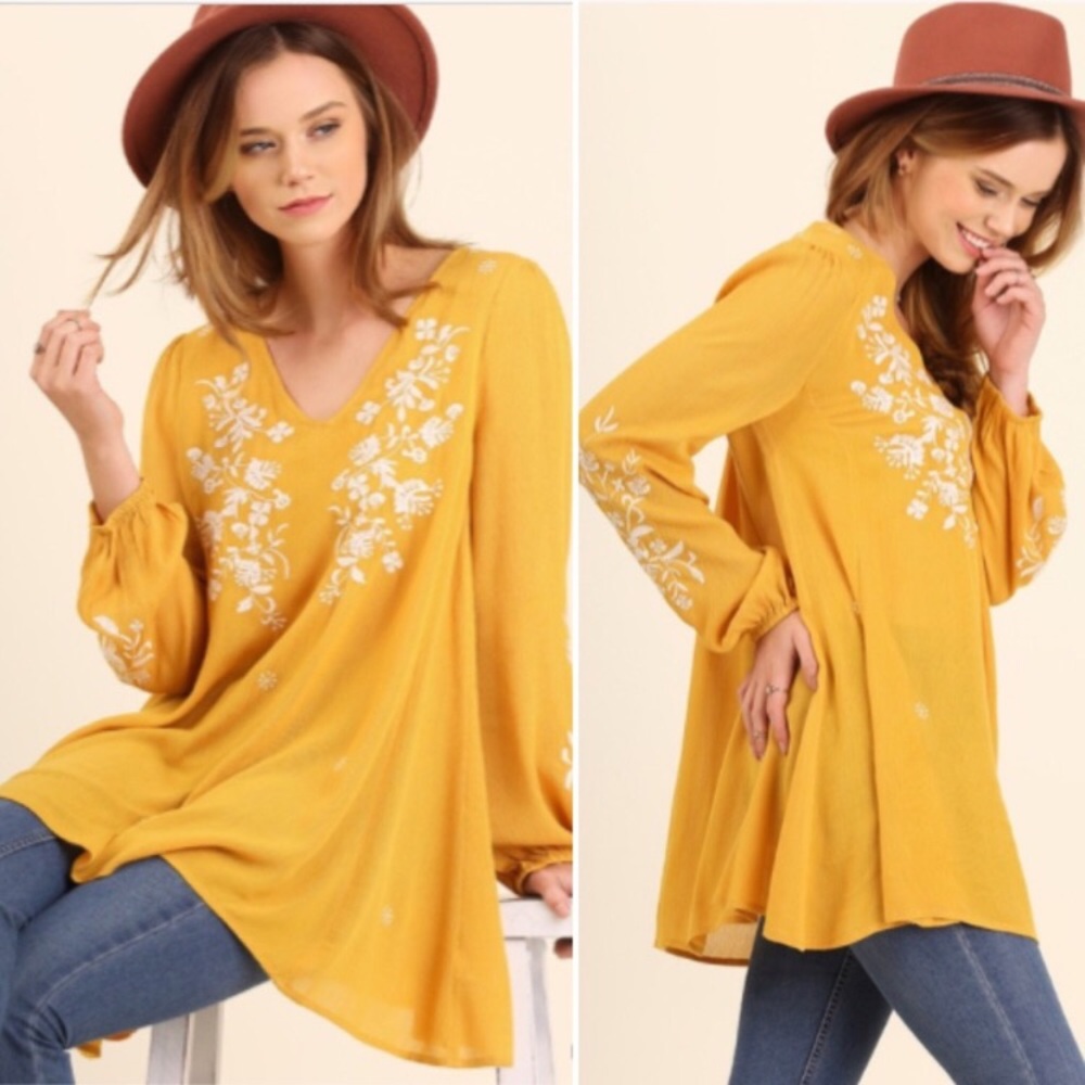 Mustard Embroidery Open Back Tunic Blouse Boho Top - Picture 3 of 3