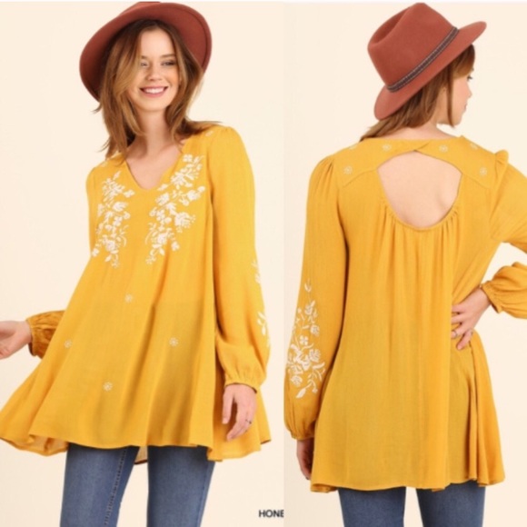 Mustard Embroidery Open Back Tunic Blouse Boho Top - Picture 2 of 3