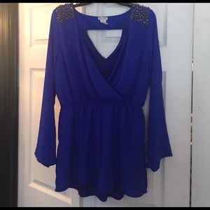 Royal blue beaded long sleeved romper