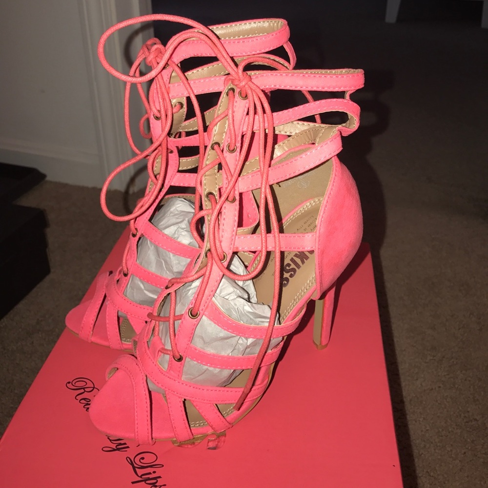 NWT HOT PINK LACE UP SUEDE HEELS