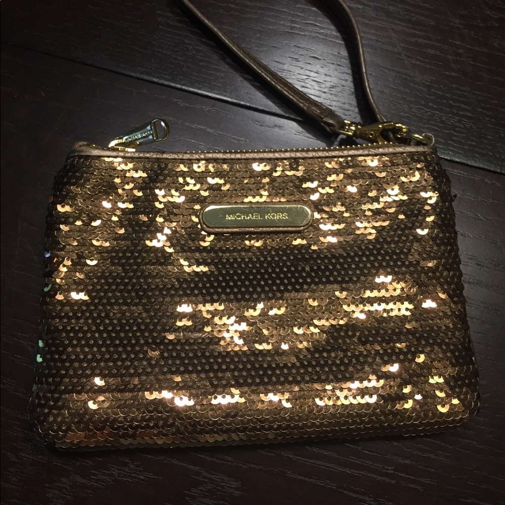Michael Kors brown sequin/leather wristlet