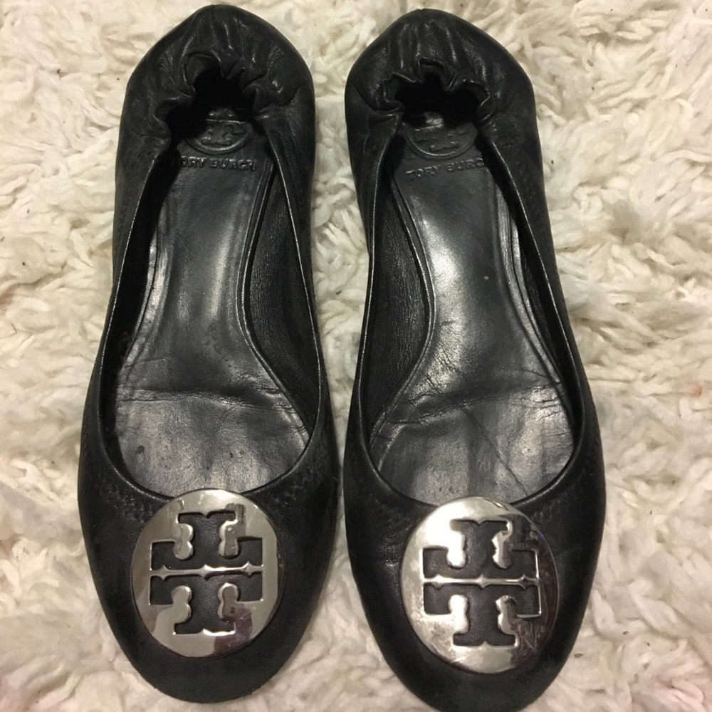 Tory burch reva flats black with silver hardware