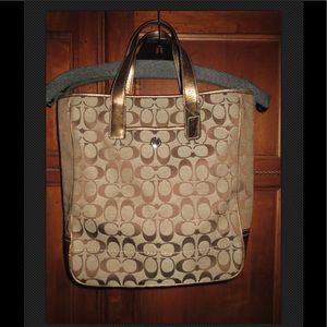 COACH SIGNATURE KHAKI C METALLIC LEATHER TRIM BAG