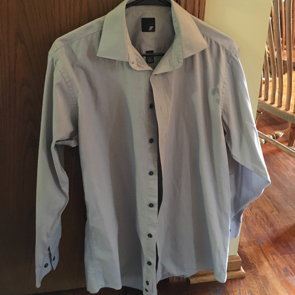Gray button down dress shirt.
