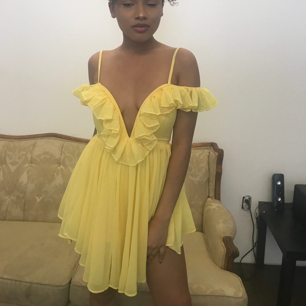 Yellow flowy cold shoulder dress
