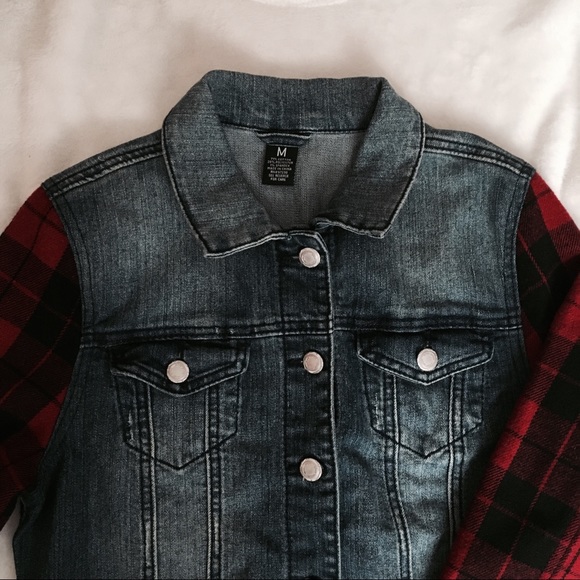Jackets & Blazers - •nwot jean jacket with plaid sleeves•