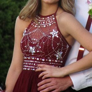 Maroon High Neck Halter Homecoming dress