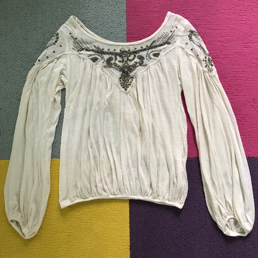 Cream Embroidered Free People Peasant Blouse