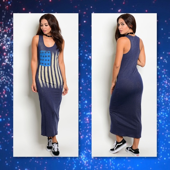 3 LEFT🆕Navy American Flag Graphic Maxi Dress - Picture 3 of 3