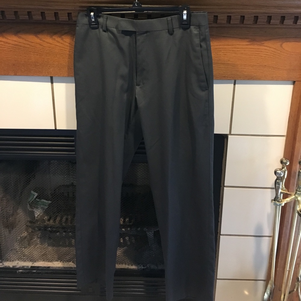 Dark gray dress pants.