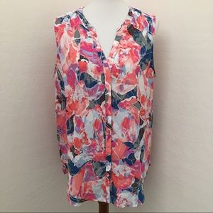 NYDJ Floral Button Down Sleeveless Top Blouse Sz L