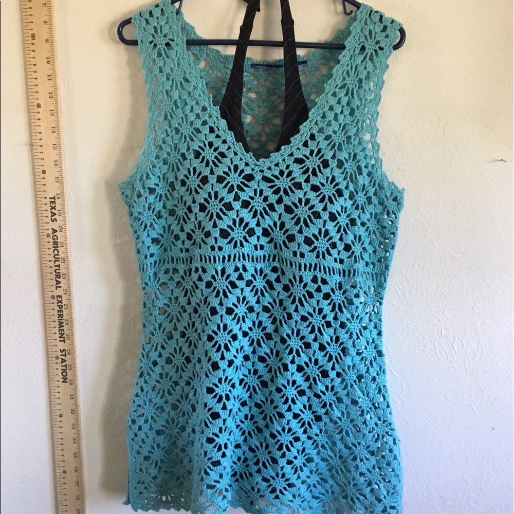 Never worn blue crochet swim cover ivory sheer