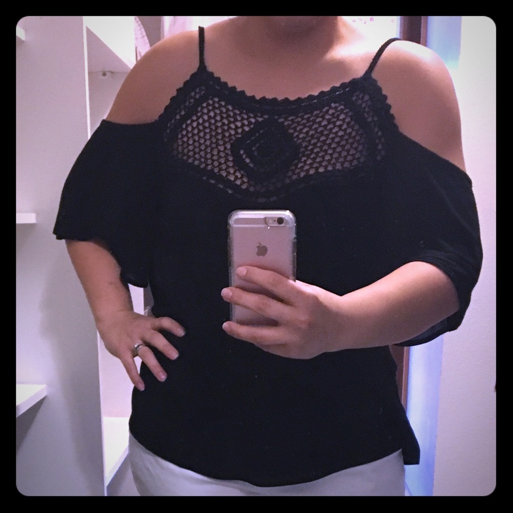 Black, crochet, cold shoulder top