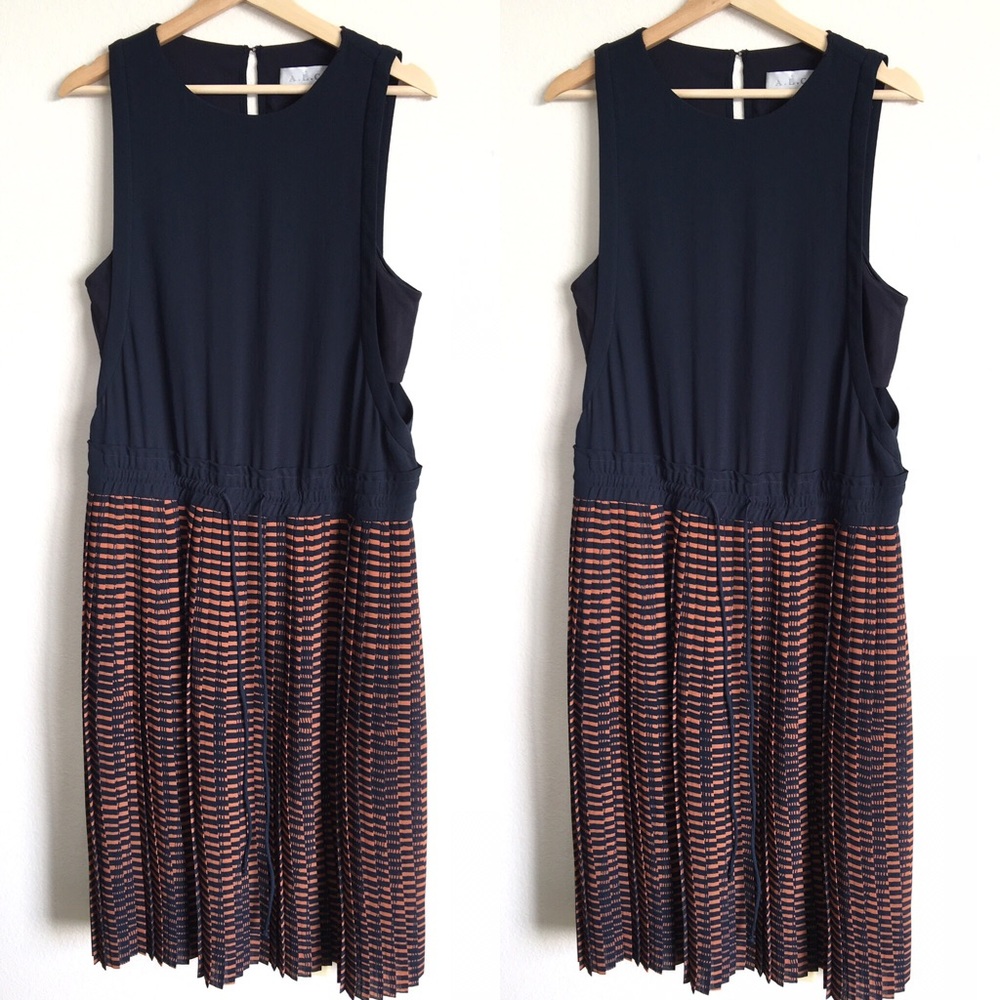 A.L.C. Navy Orange Pleated Striped Chiffon Dress
