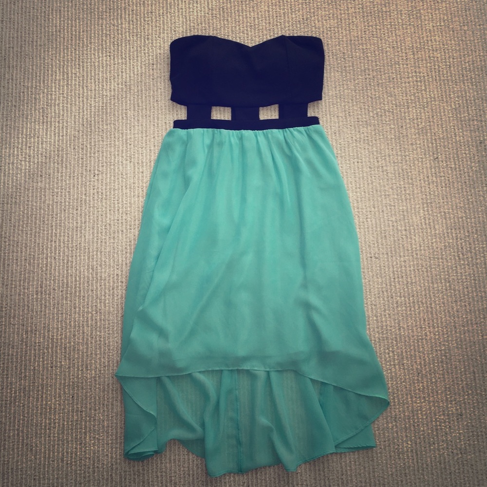 Black and turquoise high low cutout dress
