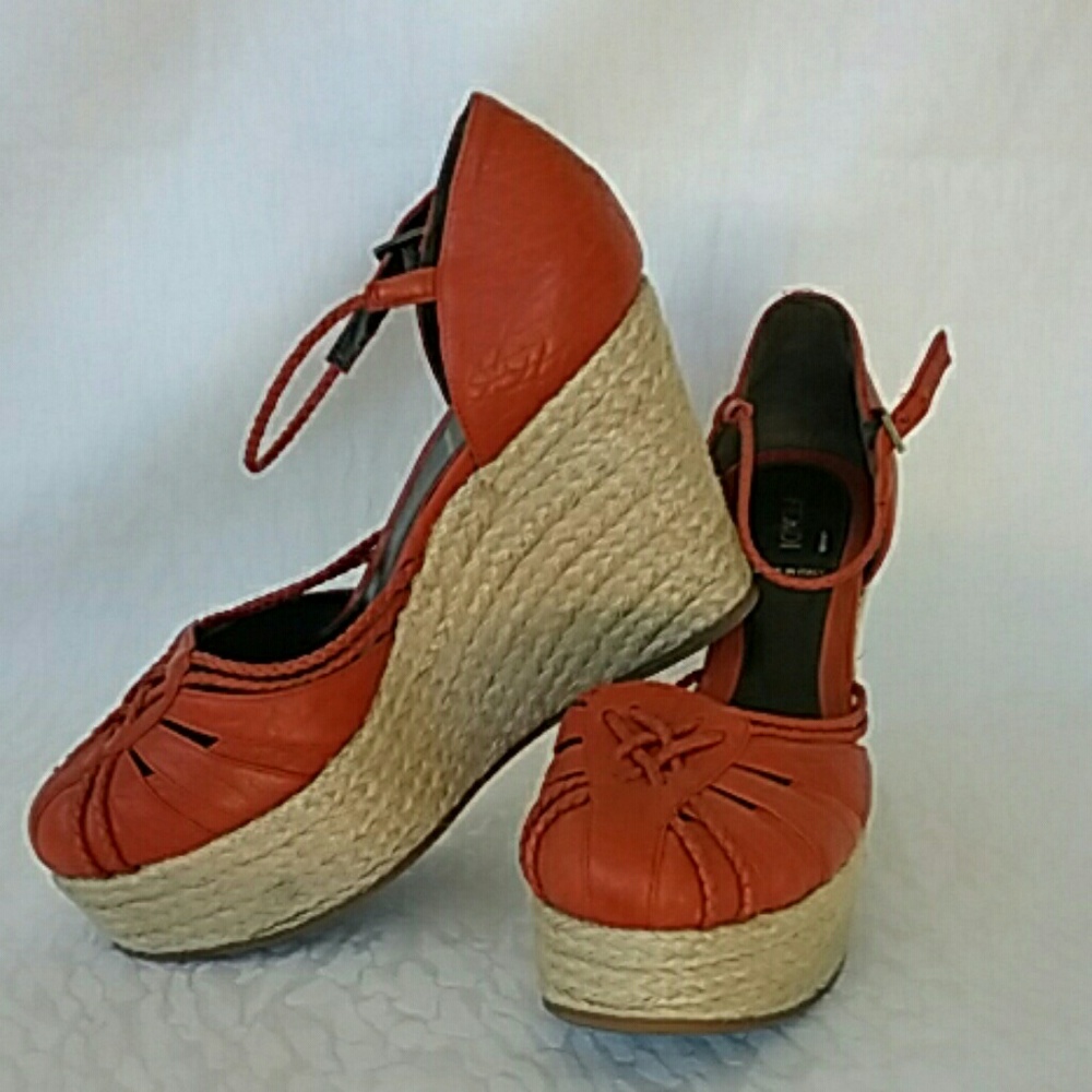 Fendi Burnt Orange Leather Tweed Espadrille Wedges