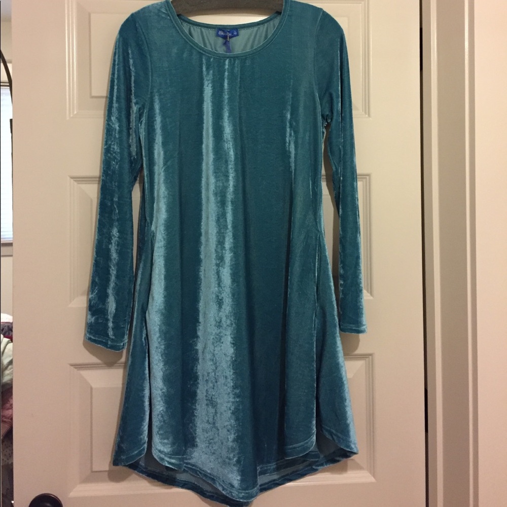 Turquoise velvet tunic dress with pockets, size S
