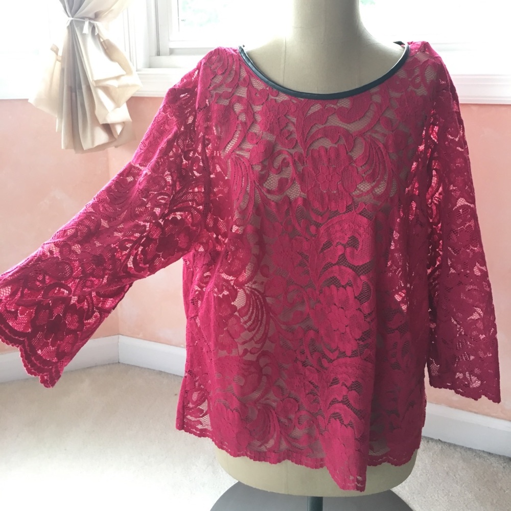 Lace blouse faux leather trim