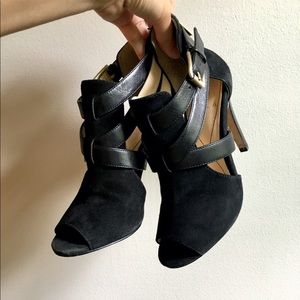 Black Strappy Peep-toe Suede and Leather Heels