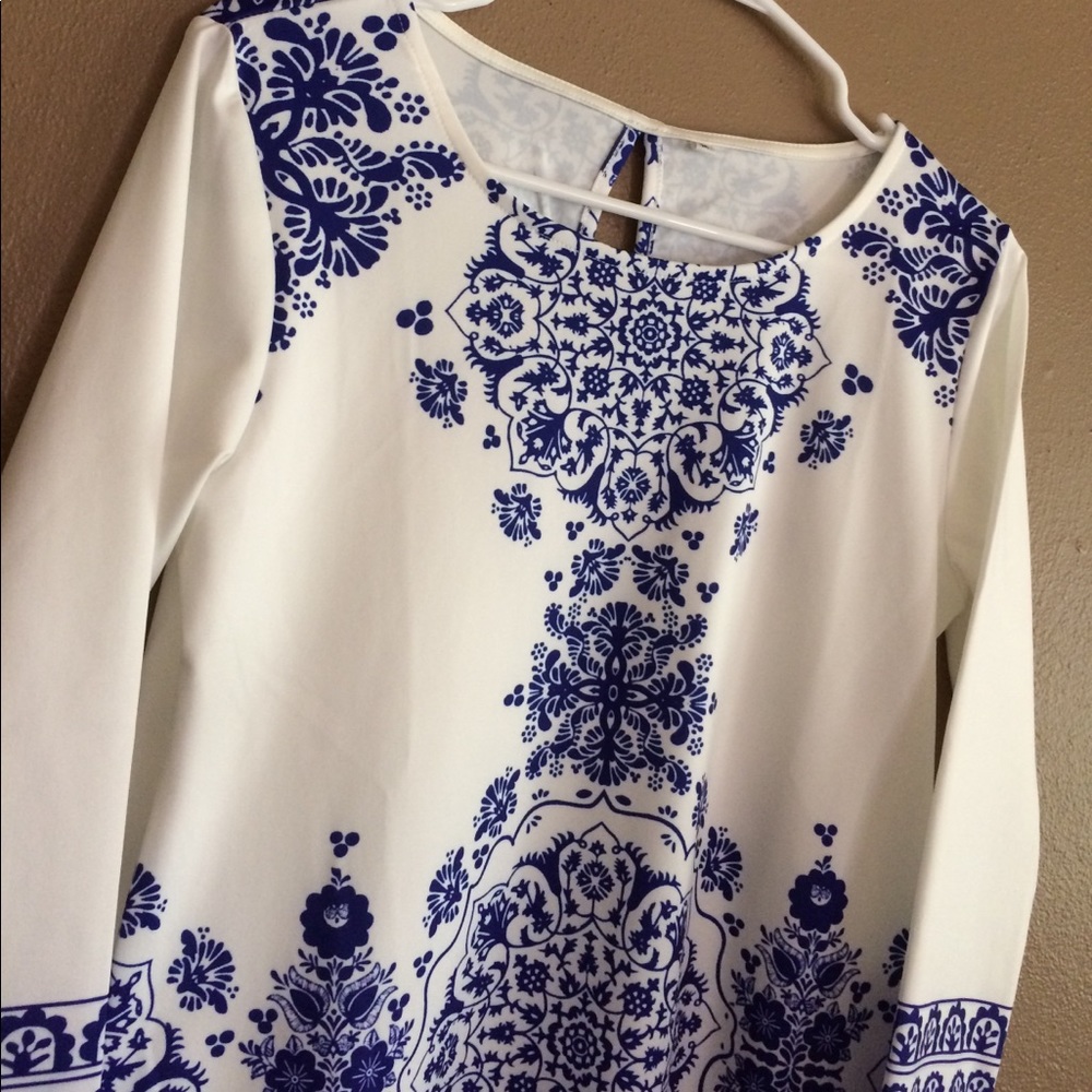 Moroccan Patterned White and Blue Dress
