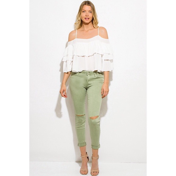 Light Green Ripped Cropped Skinny Jeans #886 - Picture 2 of 4