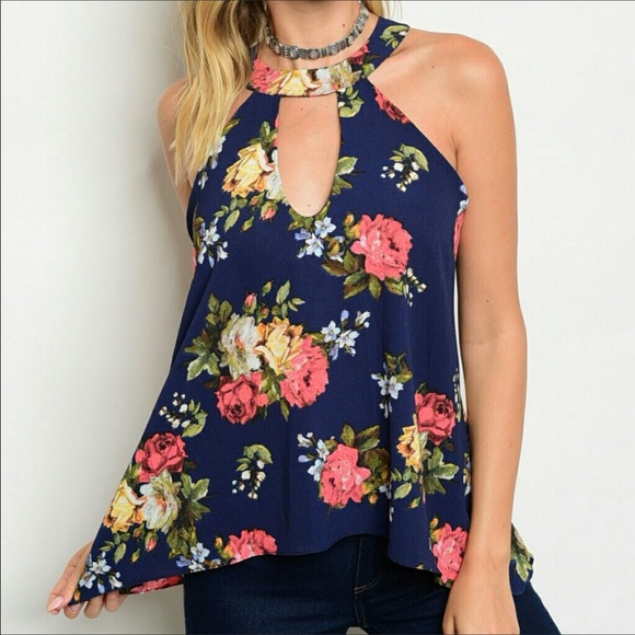 Tops - Navy Blue Keyhole Choker Boho Gypsy Floral Top