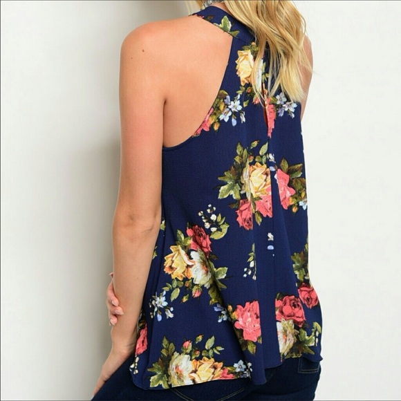 Navy Blue Keyhole Choker Boho Gypsy Floral Top - Picture 2 of 4