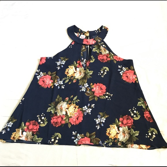 Navy Blue Keyhole Choker Boho Gypsy Floral Top - Picture 3 of 4