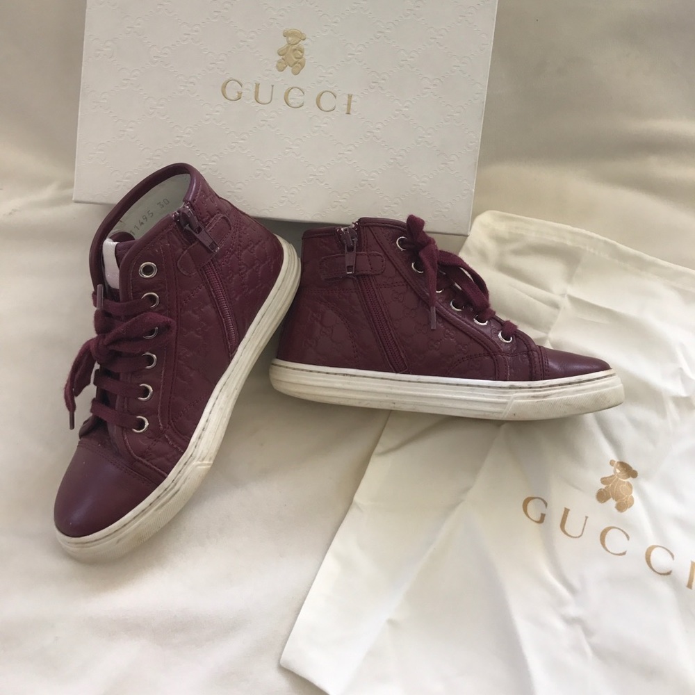 Gucci Boys maroon burgundy logo leather high tops