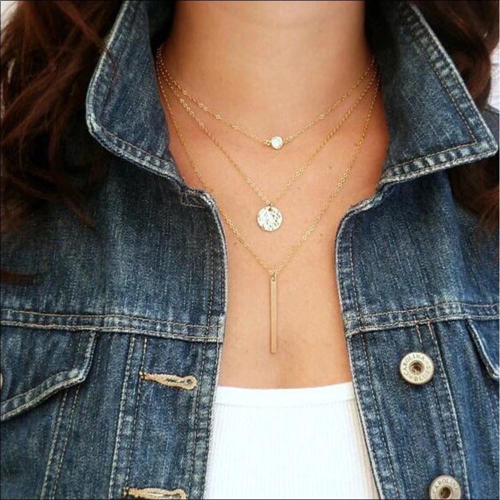 ♦️ Layered necklace drop geo bar crystal pendant - Picture 1 of 2