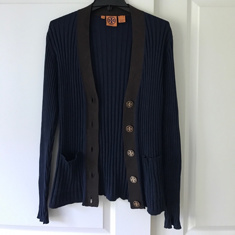 Navy Tory Burch Sweater with Brown Trim
