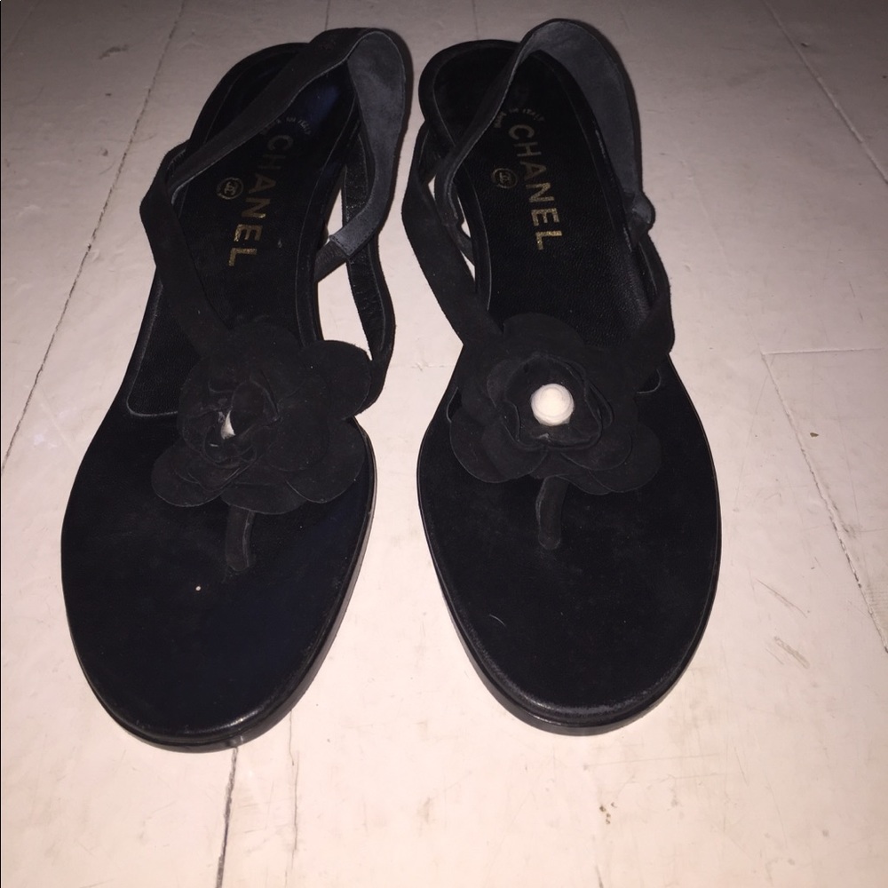 Black Chanel Sandals with white pearl flower