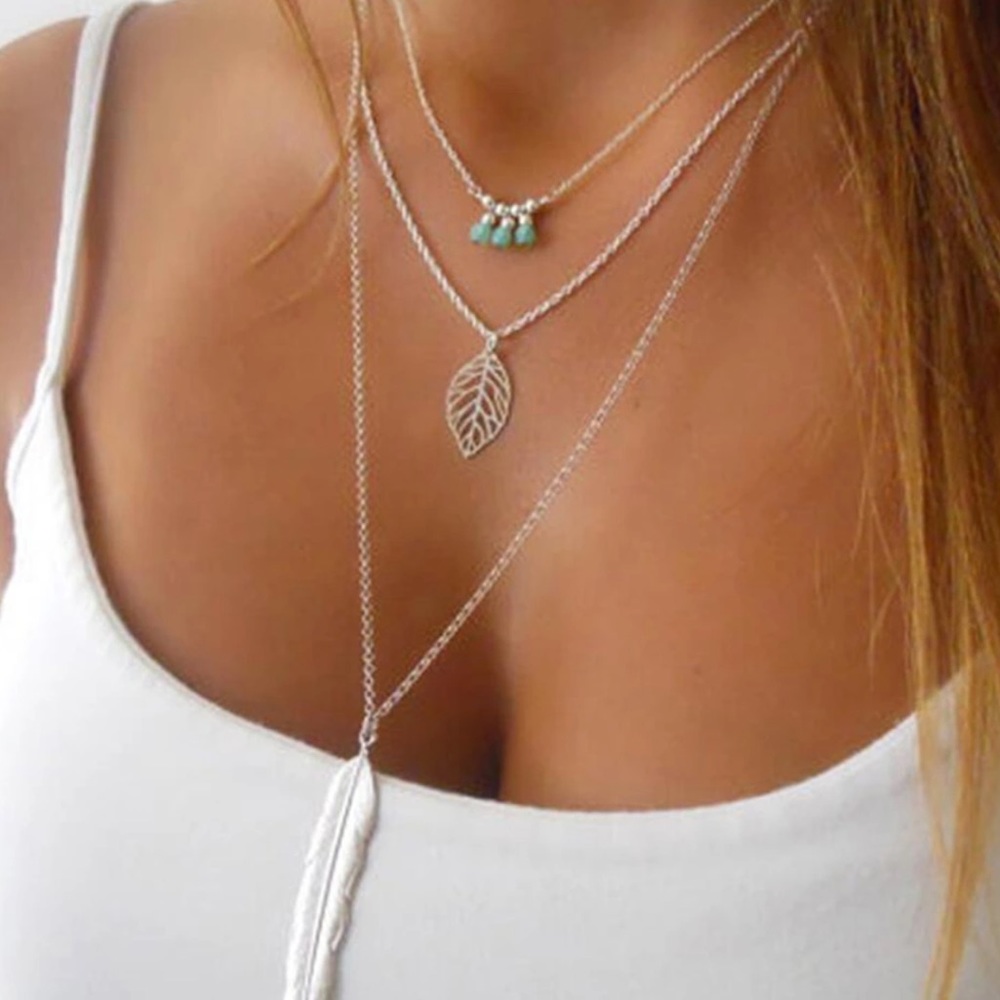 ✨ Feather layered drop charm necklace boho gypsy