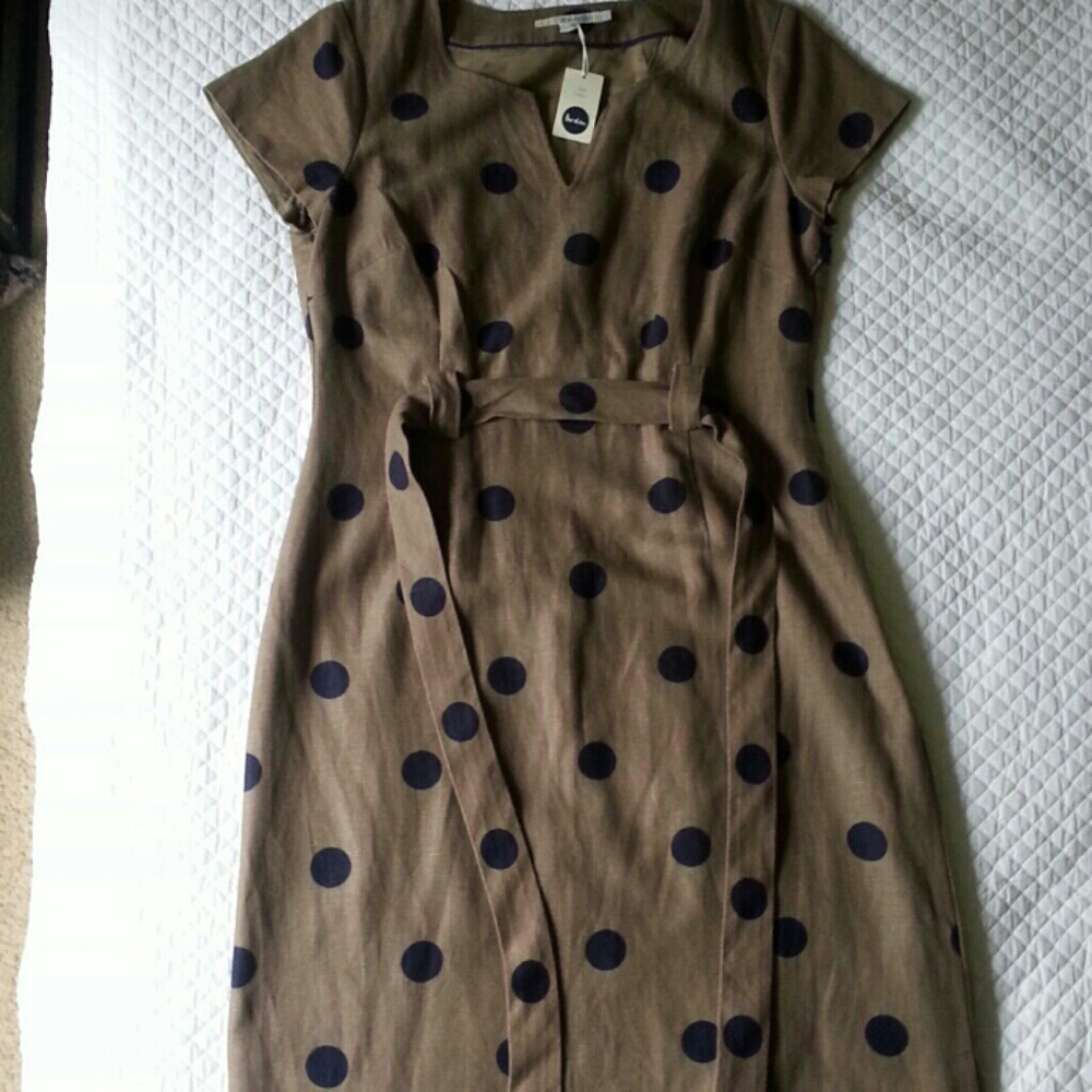 Boden Slub Linen Notch-Neck Dress Mocha/Navy Spots