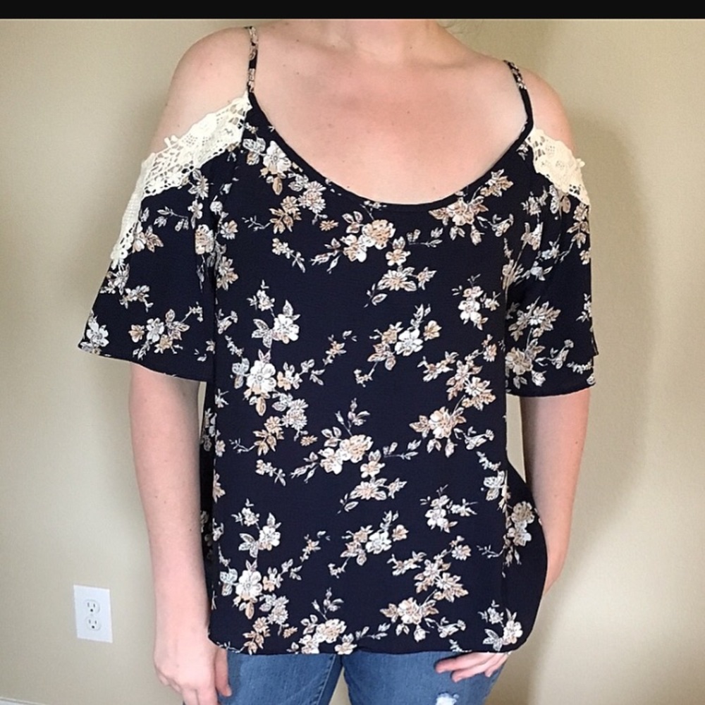 Navy floral cold shoulder top
