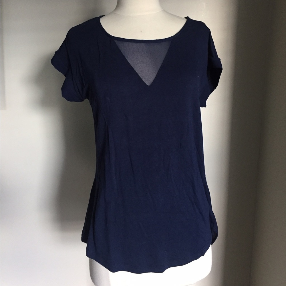 Like New Pleione Long Navy Blue Tee w Sheer Panel