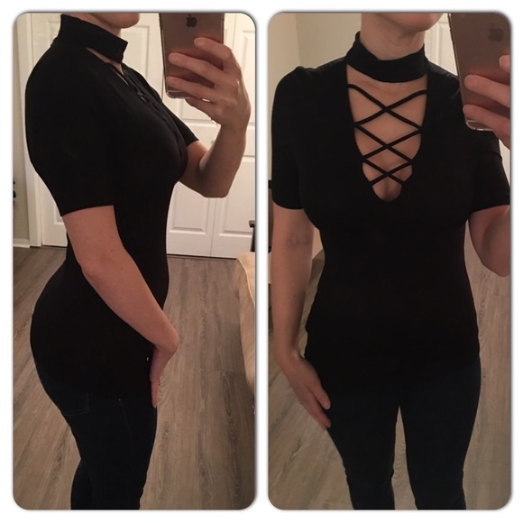 Short Sleeve Strappy Choker Top Ribbed - Picture 2 of 3