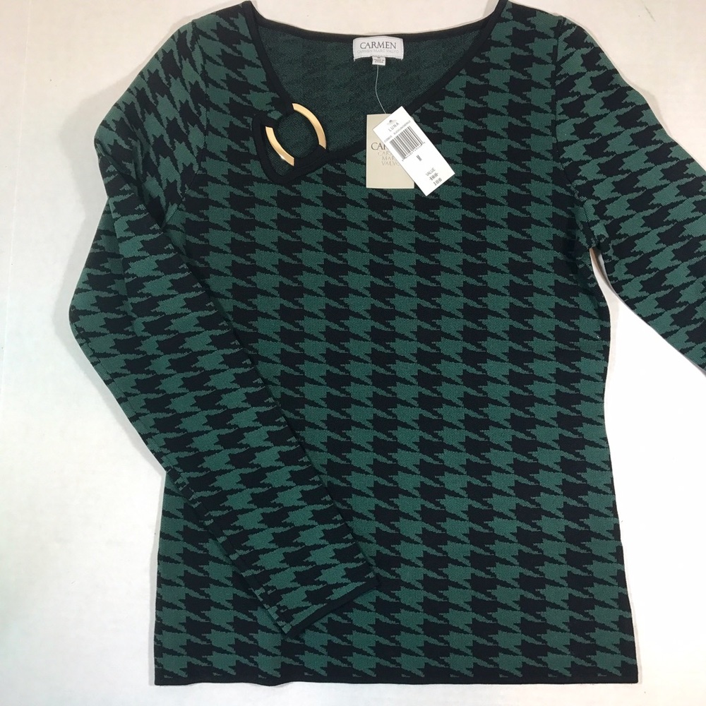 Carmen Marc Valvo green /black houndstooth sweater