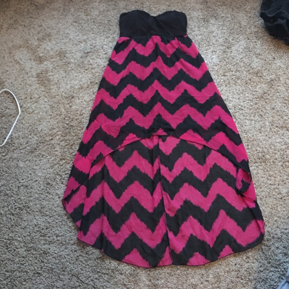 Black and pink strapless high low dress