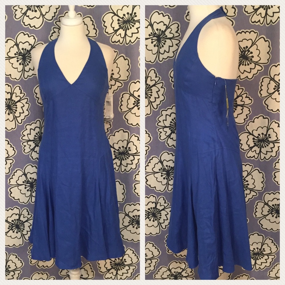 NWT Lauren Ralph Lauren Blue Halter Linen Dress - Picture 2 of 7