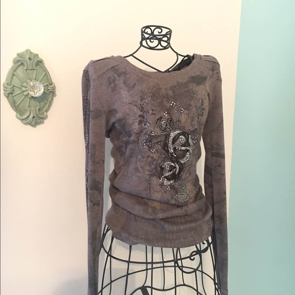 MissMe Gray Embellished Long-Sleeved Shirt