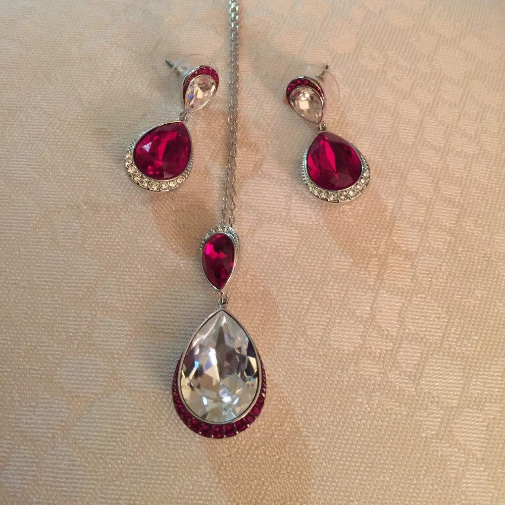 Swarovski white and red necklace and earrings