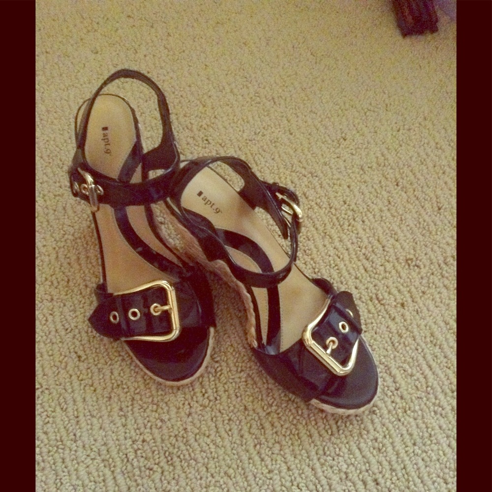 Black And Gold Buckled Wedges