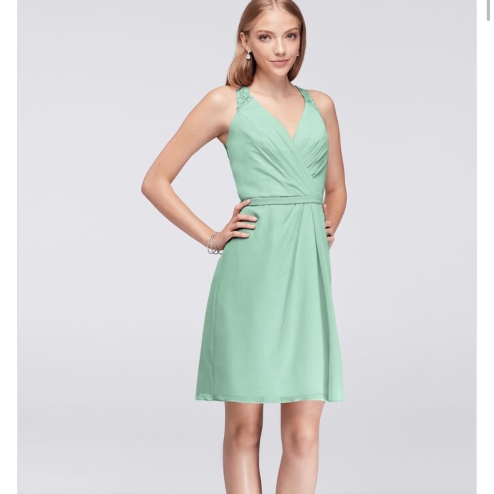 David's Bridal chiffon v-neck dress w lace back