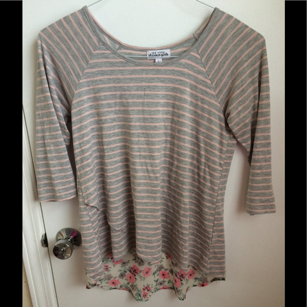 Pink and Gray Striped Floral Top