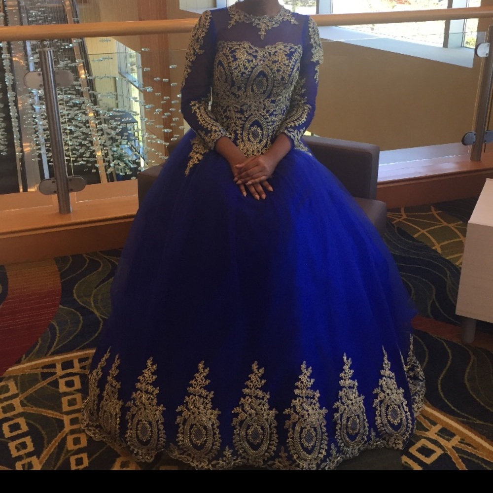 Royal Blue Gold Embellished Ball Gown Dress