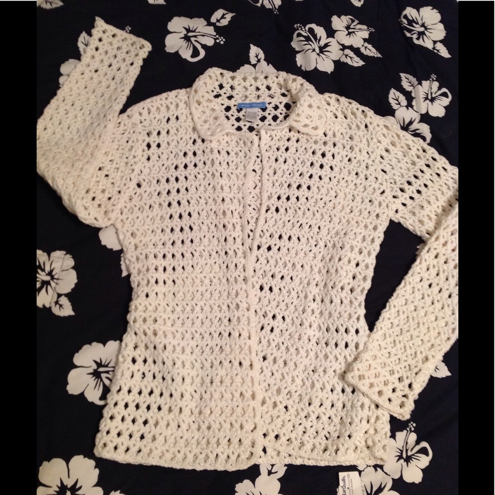 😊White + Warren Open Knit Cotton Open Cardigan M
