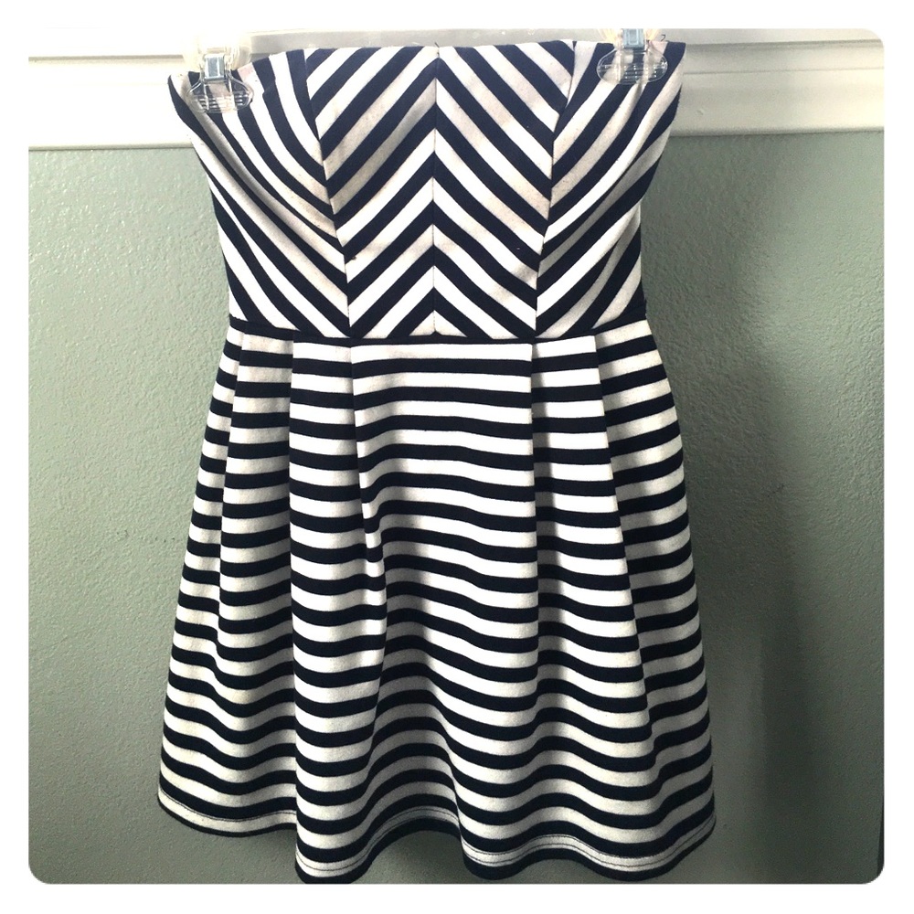 strapless navy and white striped short dress