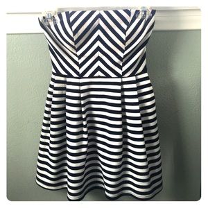 strapless navy and white striped short dress