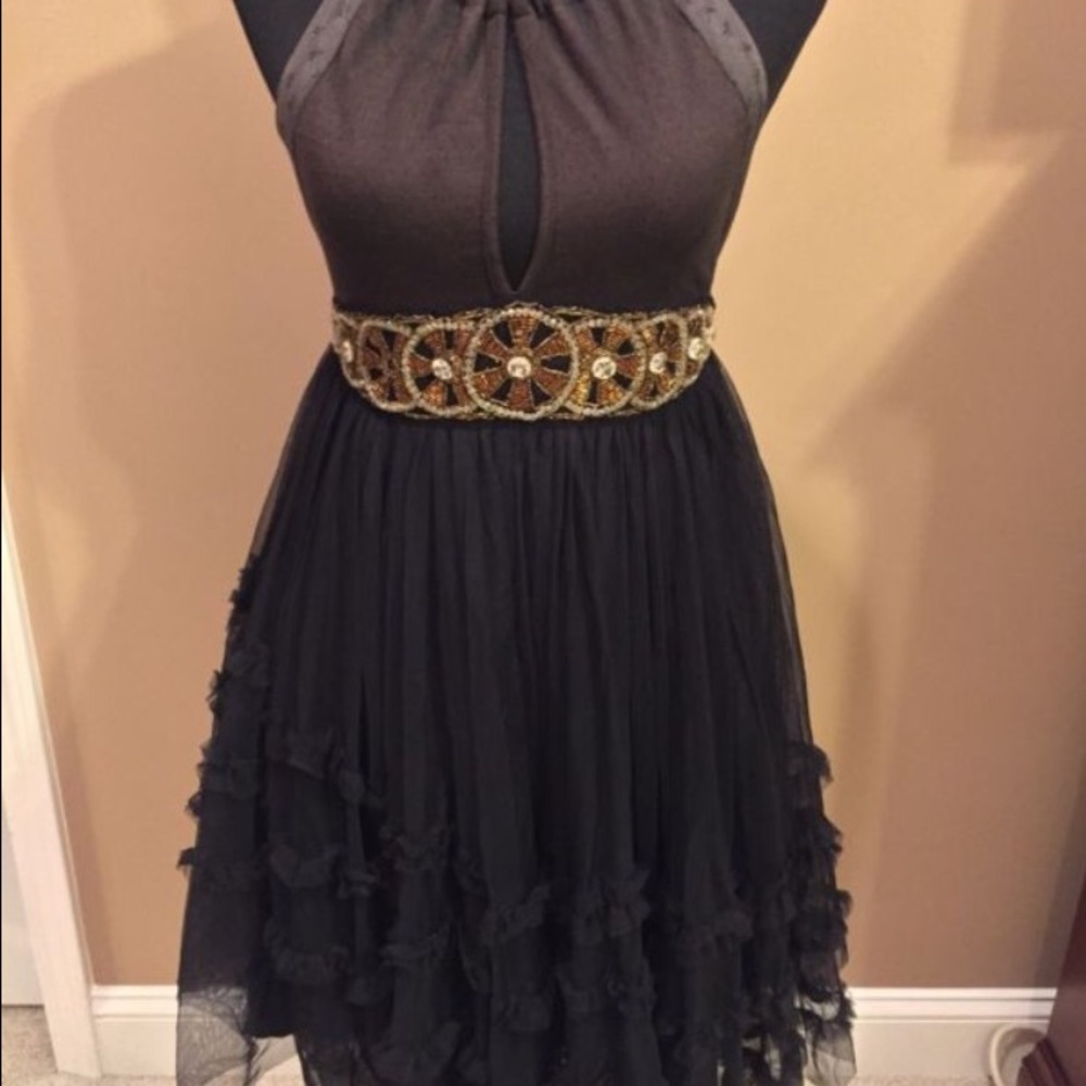 Backless black lace tulle prom holiday party